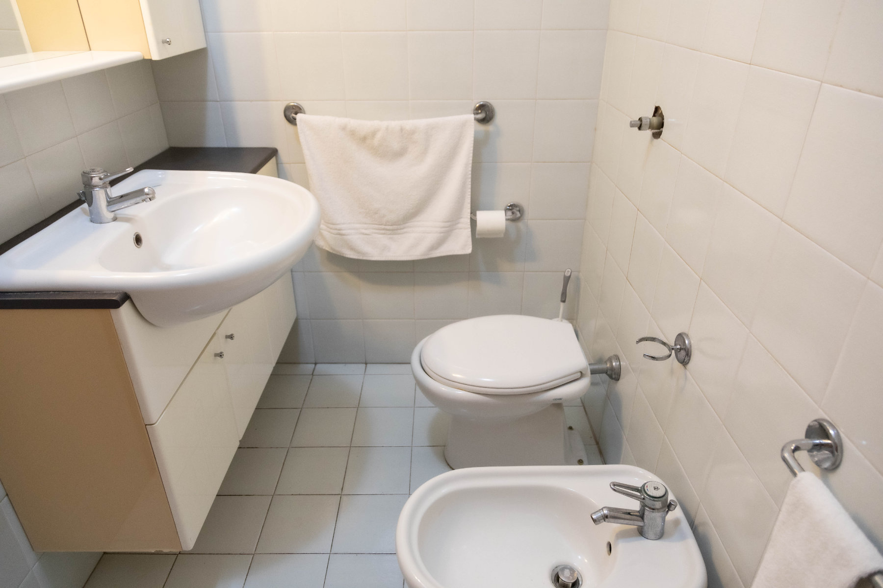 Monolocale, bagno con doccia, tema bianco